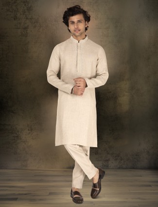 Beige linen kurta suit with embellishment