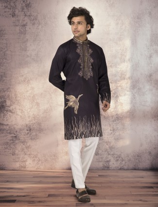 Black silk printed kurta with zari work