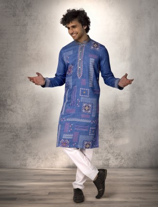 Painted blue linen cotton kurta suit for festive events