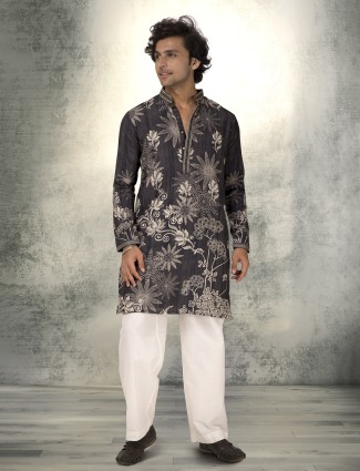 Charcoal black linen printed kurta suit