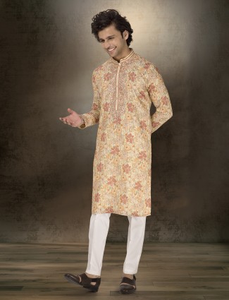 Cream silk floral printed kurta suit for festive wear