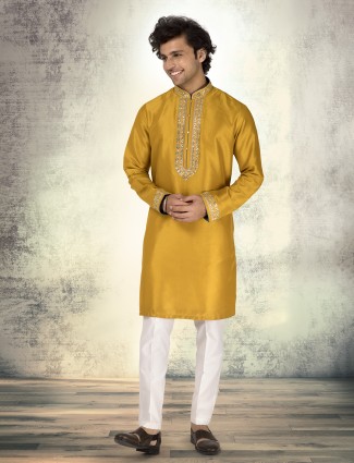 Golden silk embroidered kurta suit