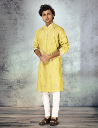 Lemon yellow silk kurta suit for haldi functions