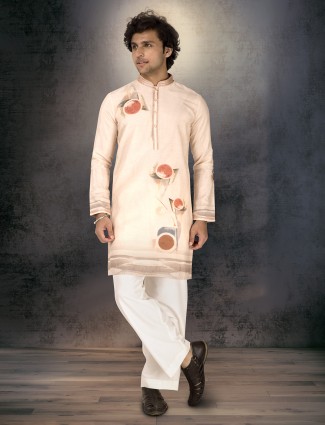 Light pink linen printed kurta suit