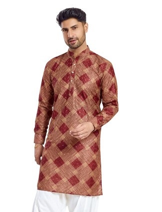 Maroon silk printed festive kurta for men