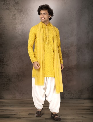 Mustard chanderi silk embroidered kurta suit