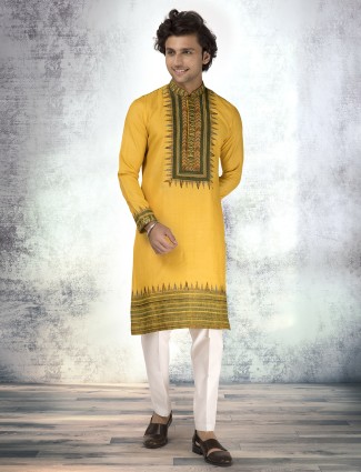 Mustard munga silk printed kurta suit