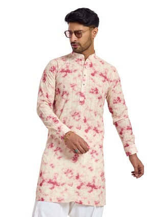 Off white and wine silk printed kurta with thread work