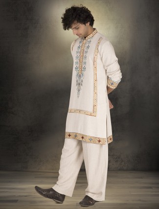 Off white linen cotton printed kurta suit for festive wear