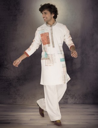 Off white linen cotton kurta suit with thread work