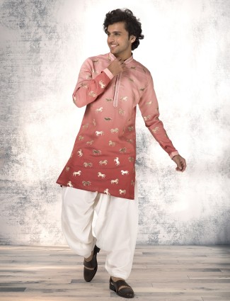 Onion pink silk kurta suit with resham embroidery