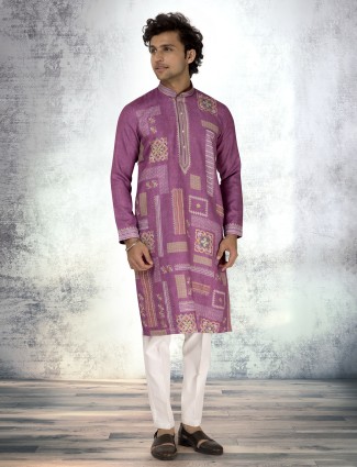 Purple linen cotton kurta suit with resham work