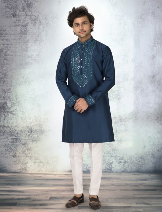 Rama blue silk kurta with aabla work