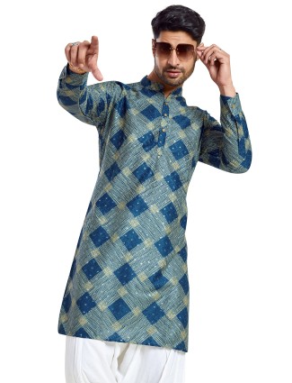 Rama blue silk printed kurta for festive occasions