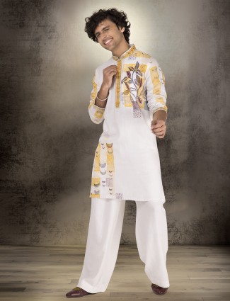 White and yellow linen printed kurta suit