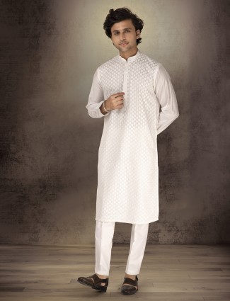 Pure white chanderi silk embroidered kurta suit
