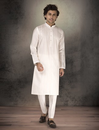 White chanderi silk kurta suit with thread and sequins