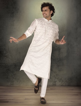 White chanderi silk kurta suit with thread work