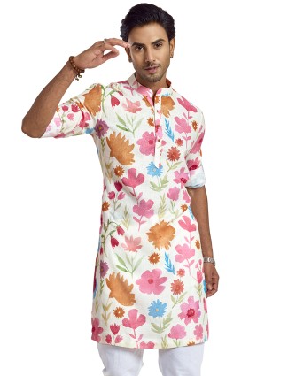 White cotton silk floral printed kurta for men