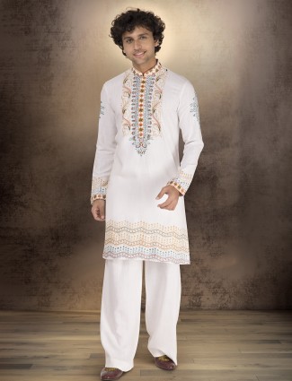 White printed linen cotton kurta suit for men