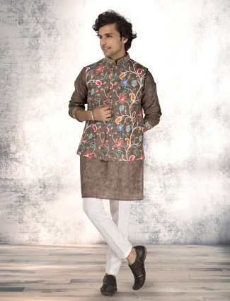Beaver brown linen cotton printed waistcoat set