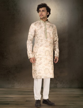 Beige chanderi printed kurta suit
