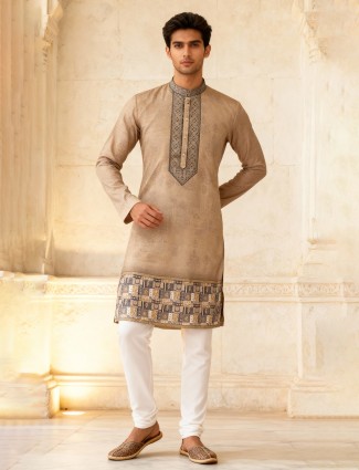 Beige cotton silk regal printed festive kurta pajama