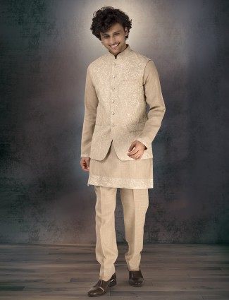 Beige linen cotton thread work waistcoat set