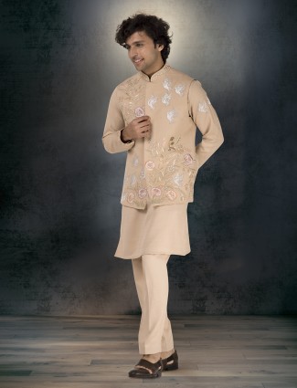 Beige silk embroidered & stone waistcoat ensemble