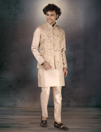 Beige silk thread and sequins waistcoat ensemble