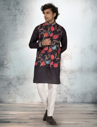 Black linen cotton printed waistcoat set