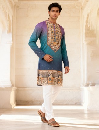 Blue cotton silk shaded festive kurta suit