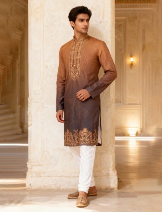 Brown cotton silk rich daman printed kurta