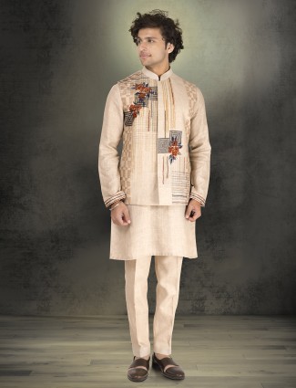 Cream pure munga silk waistcoat with floral print