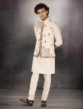 Cream linen embroidered & printed waistcoat set