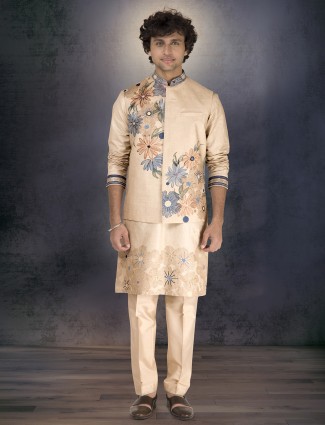 Cream munga silk floral hand printed waistcoat set
