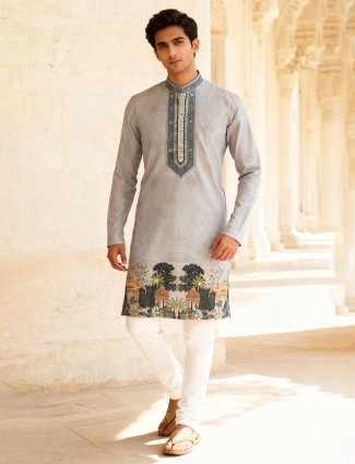 Grey cotton silk elegant daman printed kurta