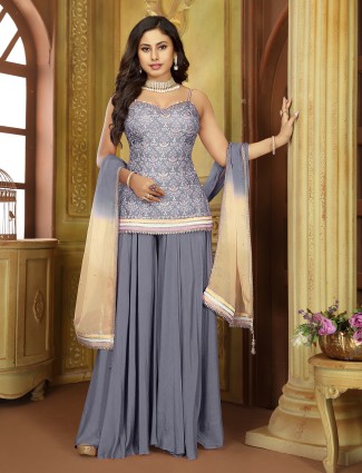 Grey silk palazzo suit with embellishment for women
