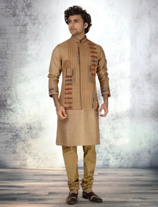 Light brown jute and munga silk printed waistcoat set