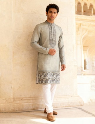 Light grey cotton silk subtle daman printed kurta pajama