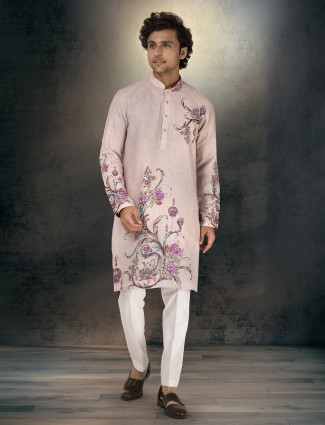 Light pink linen floral kurta with cutdana