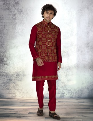 Maroon silk waistcoat with aabla embellishments