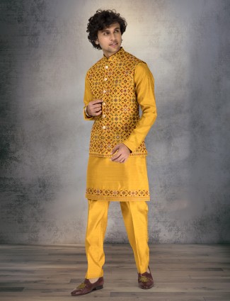 Mustard yellow aabla work silk waistcoat set