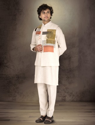 Off white pure linen block printed waistcoat set