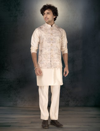 Off white silk printed waistcoat set for men