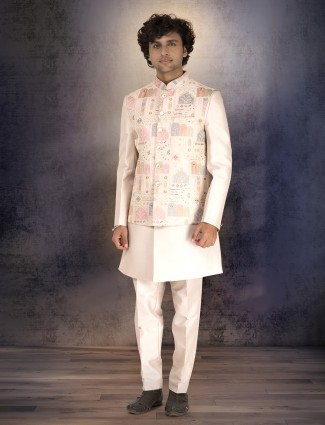 Off white silk embroidered and sequined waistcoat ensemble