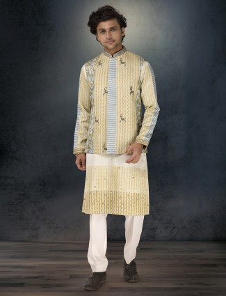 Olive green printed silk waistcoat ensemble