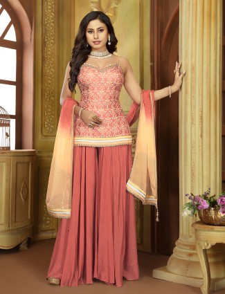 Peach silk sleeveless palazzo suit