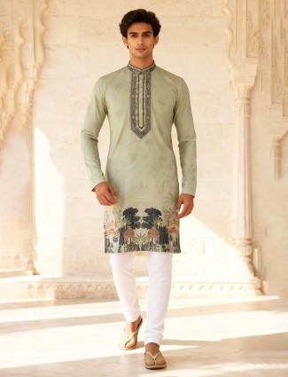 Pista green cotton silk refined printed kurta suit
