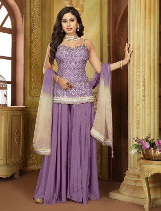 Purple printed silk festive palazzo suit